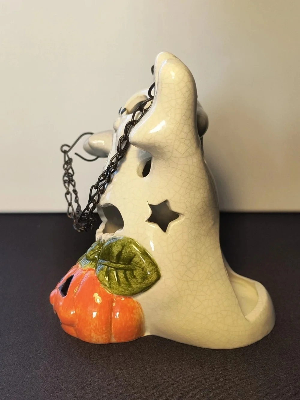 Ceramic Halloween Ghost Lantern with Orange Pumpkin Accent